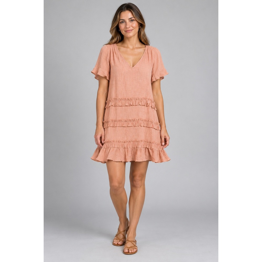 Pink Lily Peach Textured Ruffle Tiered V-Neck Mini Dress Medium Short Sleeve